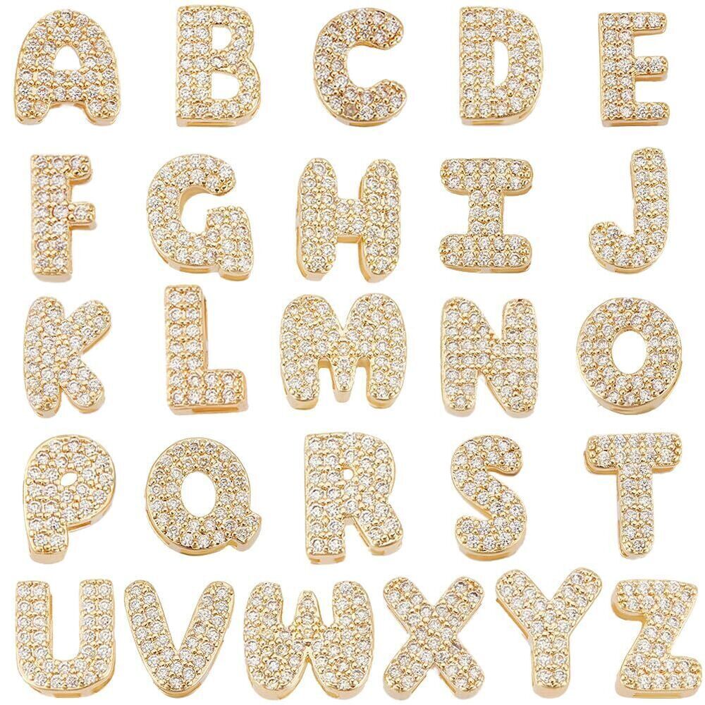 4911 1 Box 26Pcs 26 Styles Cubic Zirconia Letter Charms 18K Gold Plated